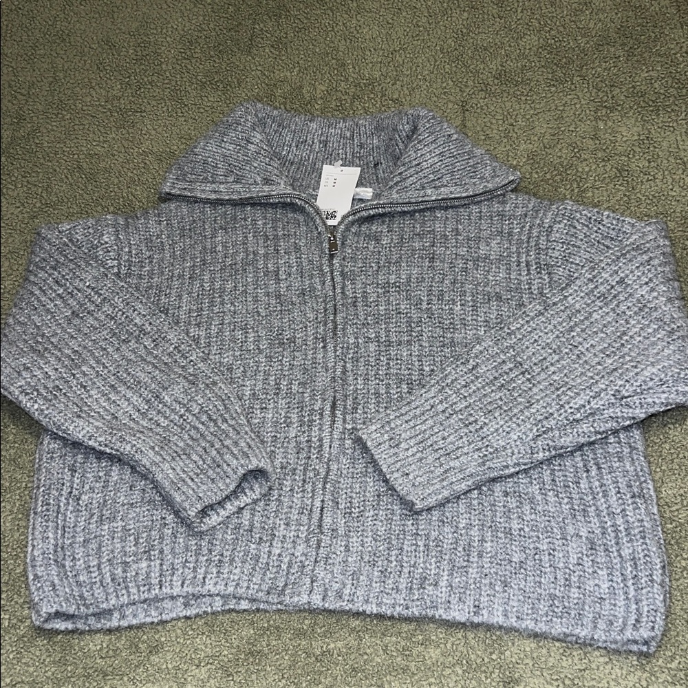 H&M Light Grey Melange RIB-KNIT CARDIGAN WITH ZIPPER